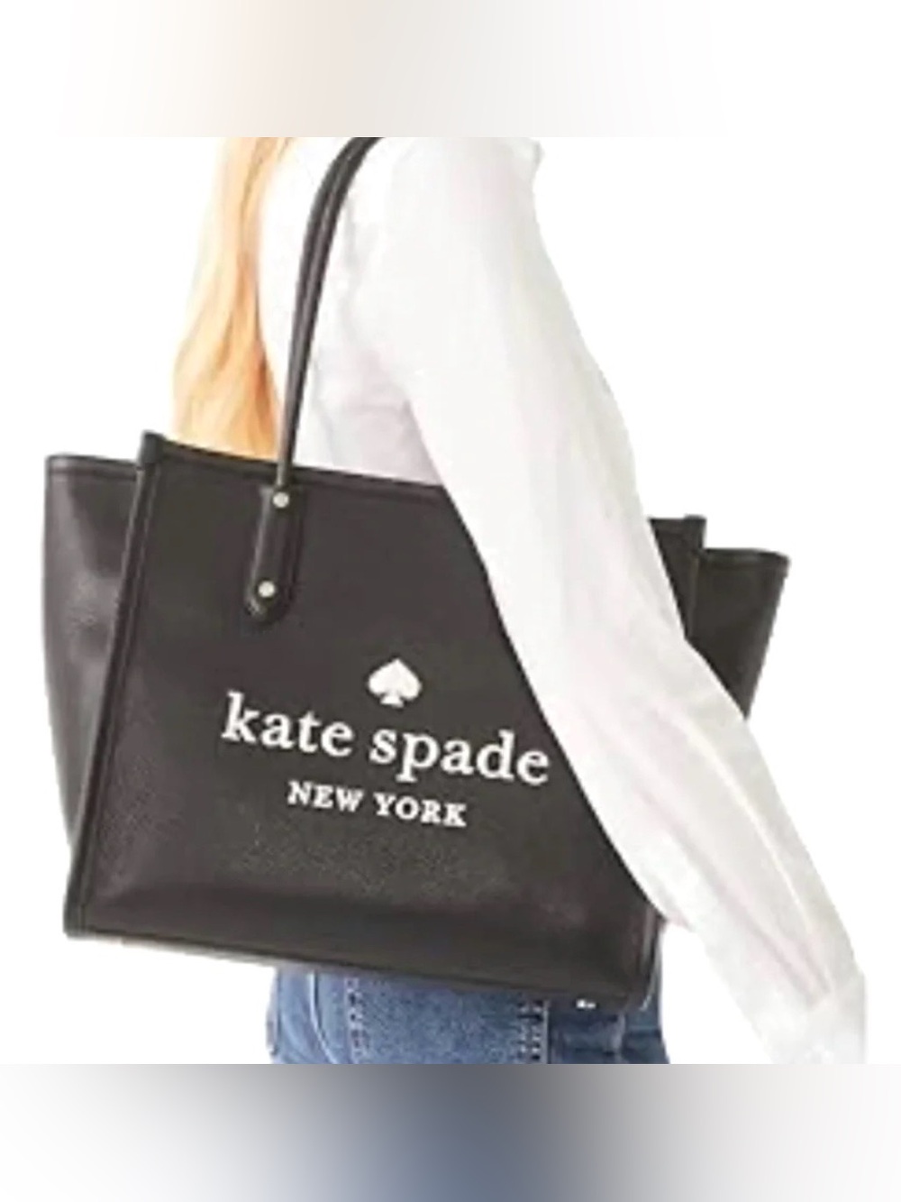 kate spade Large Ella Black Tote with White Logo - Pebbled Leather
